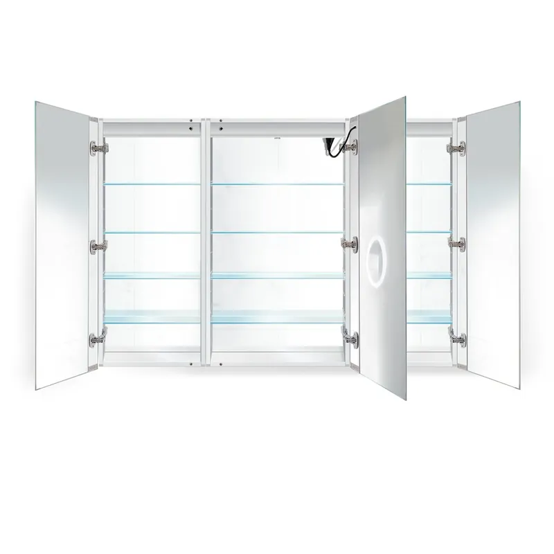 Fresh Stock Krugg Reflections Svange 60" x 42" 5000K Single Tri-View Left-Right-Right Opening Recessed/Surface-Mount Illuminated Silver Backed LED Medicine Cabinet Mirror With Built-in Defogger, Dimmer and Electrical Outlet
