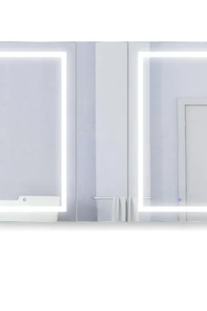 Deal Krugg Reflections Svange 60" x 42" 5000K Double Left-Right-Right Opening Recessed/Surface-Mount Illuminated Silver Backed LED Medicine Cabinet Mirror With Built-in Defogger, Dimmer and Electrical Outlet