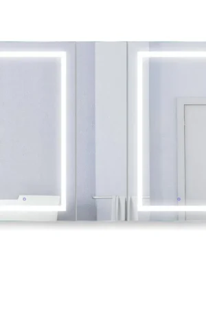 Low Price Krugg Reflections Svange 60" x 42" 5000K Double Left-Left-Right Opening Recessed/Surface-Mount Illuminated Silver Backed LED Medicine Cabinet Mirror With Built-in Defogger, Dimmer and Electrical Outlet