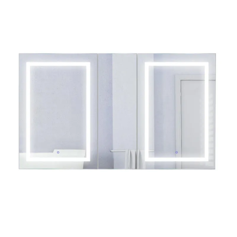 Krugg Reflections Svange 60" x 36" 5000K Double Left-Right-Right Opening Recessed/Surface-Mount Illuminated Silver Backed LED Medicine Cabinet Mirror With Built-in Defogger, Dimmer and Electrical Outlet Certified