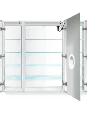 Exclusive Offer Krugg Reflections Svange 48" x 42" 5000K Single Tri-View Left-Right-Right Opening Recessed/Surface-Mount Illuminated Silver Backed LED Medicine Cabinet Mirror With Built-in Defogger, Dimmer and Electrical Outlet
