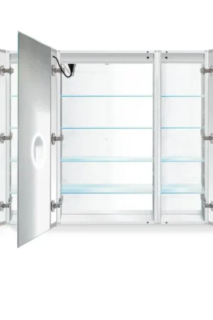 Krugg Reflections Svange 48" x 42" 5000K Singlle Tri-View Left-Left-Right Opening Recessed/Surface-Mount Illuminated Silver Backed LED Medicine Cabinet Mirror With Built-in Defogger, Dimmer and Electrical Outlet Genuine