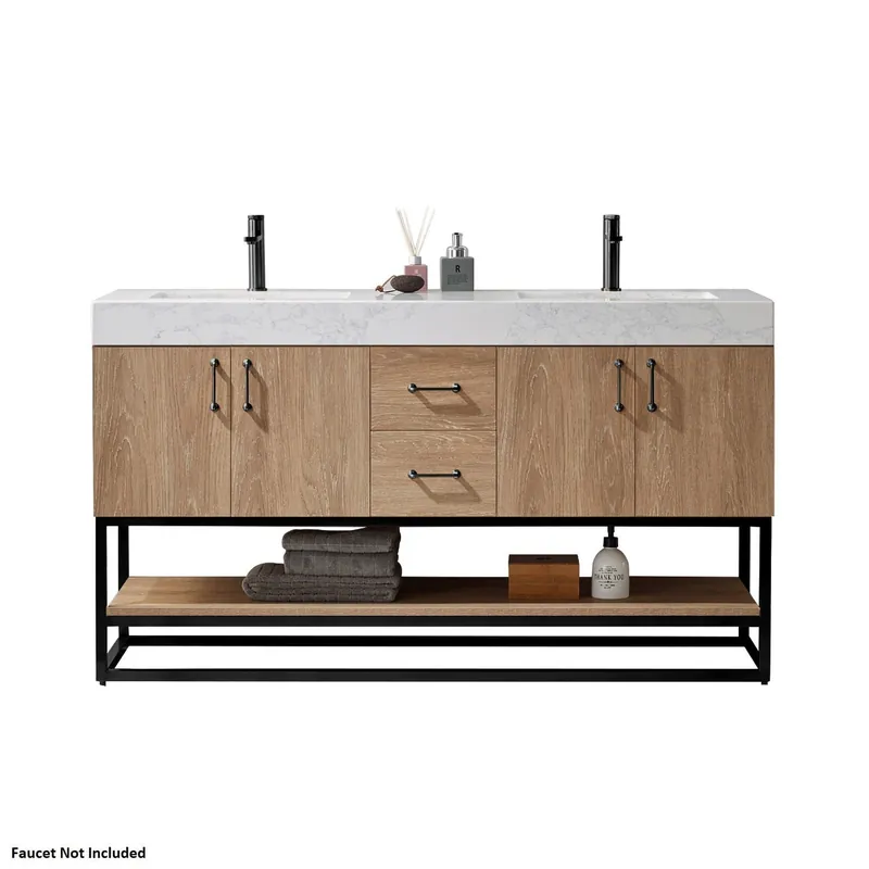 Vinnova Alistair 60" North American Oak Freestanding Double Vanity Set In Matte Black Metal Bracket Support Base and White Grain Stone Top With Undermount Ceramic Sink Handmade