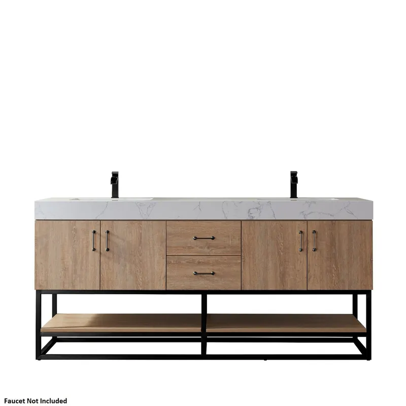 Vinnova Alistair 72" North American Oak Freestanding Double Vanity Set In Matte Black Metal Bracket Support Base and White Grain Stone Top With Undermount Ceramic Sink Original