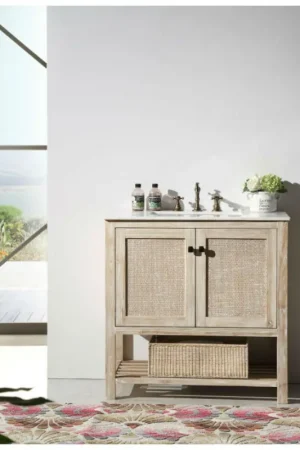 Legion Furniture 36" Freestanding Teak White Rustic Cabinet With Carrara Marble Top Vanity Set Premium