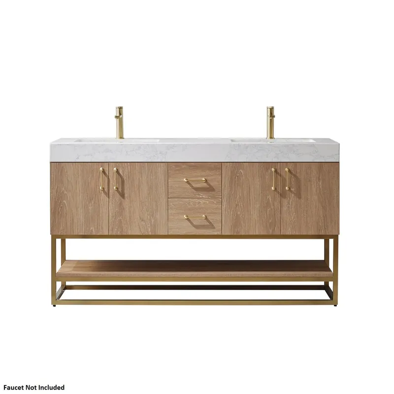 Vinnova Alistair 60" North American Oak Freestanding Double Vanity Set In Brushed Gold Metal Bracket Support Base and White Grain Stone Top With Undermount Ceramic Sink In Demand