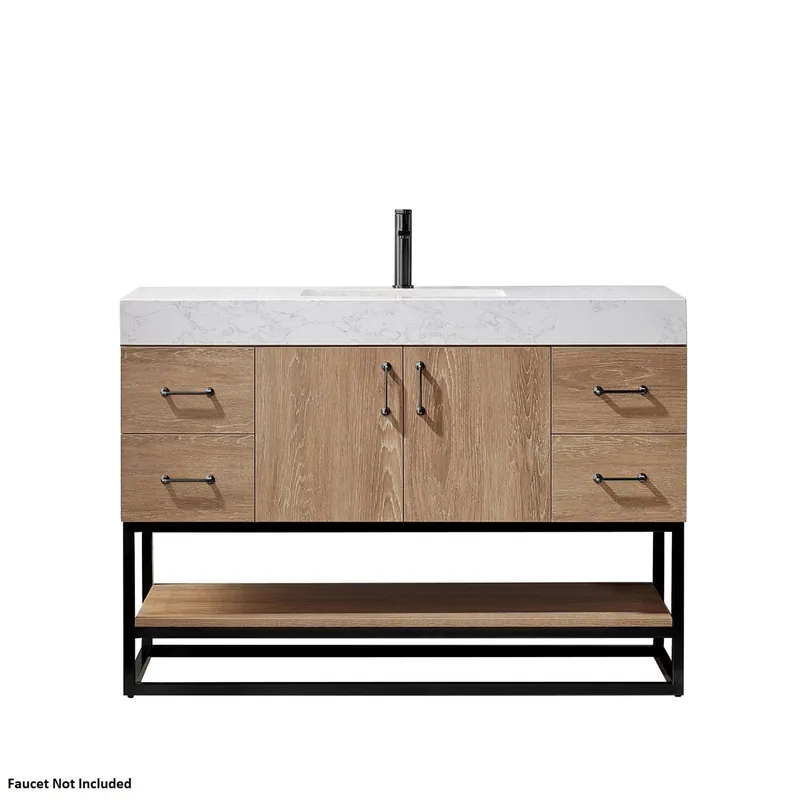 Vinnova Alistair 48" North American Oak Freestanding Single Vanity Set In Matte Black Metal Bracket Support Base and White Grain Stone Top With Undermount Ceramic Sink Best Seller