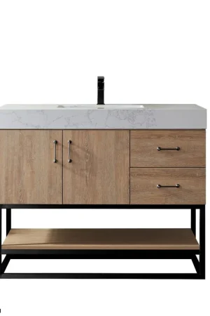 Budget Vinnova Alistair 42" North American Oak Freestanding Single Vanity Set In Matte Black Metal Bracket Support Base and White Grain Stone Top With Undermount Ceramic Sink