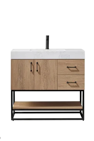 Free Shipping Vinnova Alistair 36" North American Oak Freestanding Single Vanity Set In Matte Black Metal Bracket Support Base and White Grain Stone Top With Undermount Ceramic Sink