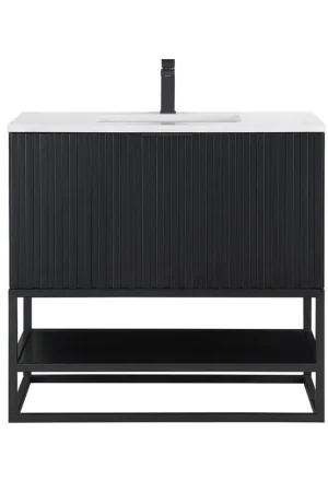 Bemma Design Terra 36" Midnight Black Solid Wood Freestanding Bathroom Vanity With Single 1-Hole White Quartz Vanity Top, Rectangle Undermount Sink and Matte Black Trim Order Now