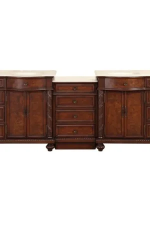 Silkroad Exclusive 90" Double Sink English Chestnut Modular Bathroom Vanity With Crema Marfil Marble Countertop, Ivory Ceramic Undermount Sink and Drawer Bank Cabinet Today Only