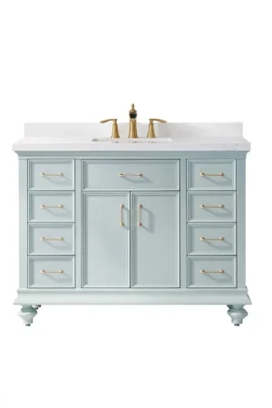 Special Offer Vinnova Charlotte 48" Finnish Green Freestanding Vanity Set In White Single Carrara Composite Quartz Stone Top With Undermount Ceramic Sink and Backsplash