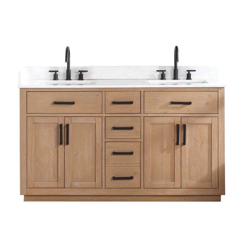 Altair Gavino 60" Light Brown Freestanding Double Bathroom Vanity Set With Grain White Composite Stone Top, Single Rectangular Undermount Ceramic Sink, Overflow, Sidesplash, and Backsplash Money Back Guarantee