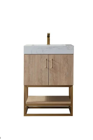 Vinnova Alistair 24" North American Oak Freestanding Single Vanity Set In Brushed Gold Metal Bracket Support Base and White Grain Stone Top With Undermount Ceramic Sink Special Discount