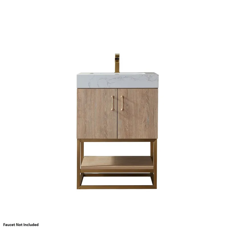 Vinnova Alistair 24" North American Oak Freestanding Single Vanity Set In Brushed Gold Metal Bracket Support Base and White Grain Stone Top With Undermount Ceramic Sink Special Discount