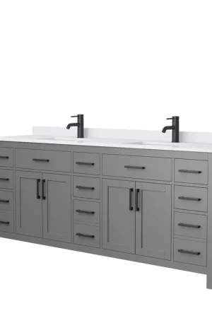 Wyndham Collection Beckett 84" Double Bathroom Dark Gray Vanity With White Cultured Marble Countertop, Undermount Square Sink And Matte Black Trim Certified