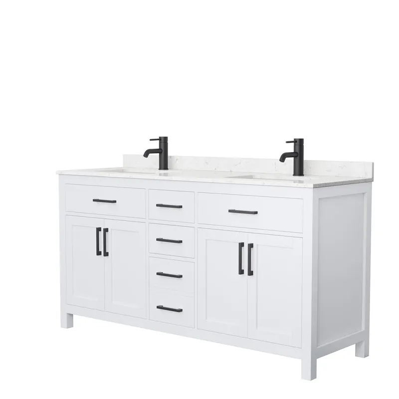 Wyndham Collection Beckett 66" Double Bathroom White Vanity With White Carrara Cultured Marble Countertop, Undermount Square Sink And Matte Black Trim Free Shipping