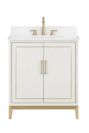 Bemma Design Gracie 30" Satin White Solid Wood Freestanding Bathroom Vanity With Single 3-Hole White Quartz Vanity Top, Rectangle Undermount Sink, Backsplash and Satin Brass Trim Direct From Factory