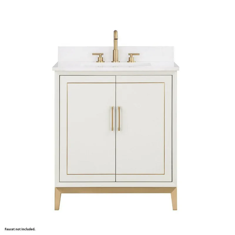 Bemma Design Gracie 30" Satin White Solid Wood Freestanding Bathroom Vanity With Single 3-Hole White Quartz Vanity Top, Rectangle Undermount Sink, Backsplash and Satin Brass Trim Direct From Factory