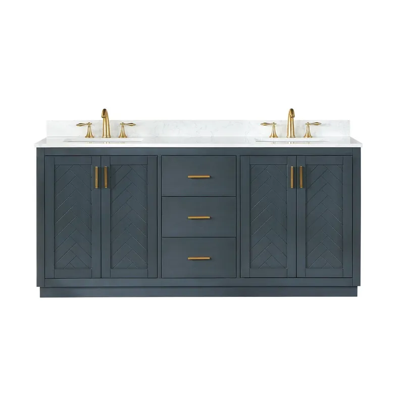 Markdown Altair Gazsi 72" Classic Blue Freestanding Double Bathroom Vanity Set With Elegant Composite Grain White Stone Top, Two Rectangular Undermount Ceramic Sinks, Overflow, and Backsplash