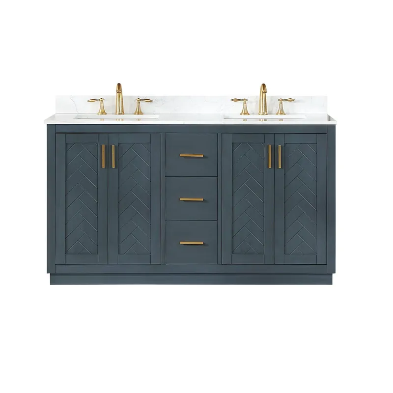 Altair Gazsi 60" Classic Blue Freestanding Double Bathroom Vanity Set With Elegant Composite Grain White Stone Top, Two Rectangular Undermount Ceramic Sinks, Overflow, and Backsplash Warranty Included