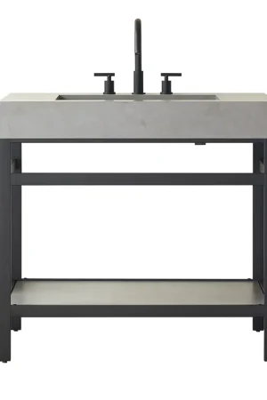 Buy Direct Vinnova Lleida 36" Single Sink Bath Vanity In Matt Black Metal Support With Grey Sintered Stone Top