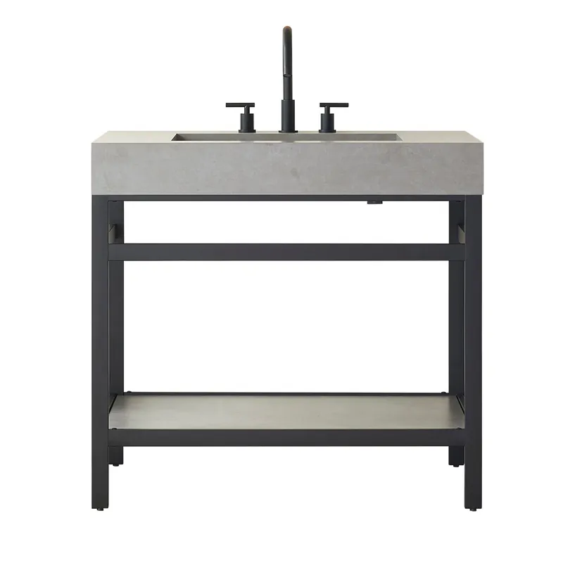 Buy Direct Vinnova Lleida 36" Single Sink Bath Vanity In Matt Black Metal Support With Grey Sintered Stone Top