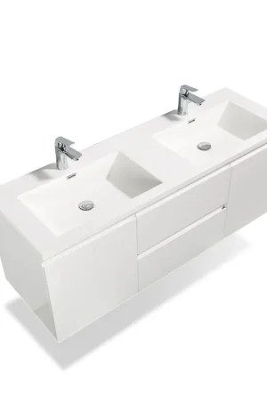 Instant Buy TONA Angela 72" White Wall-Mounted Bathroom Vanity With Faux Marble Integrated Top & Double Sink