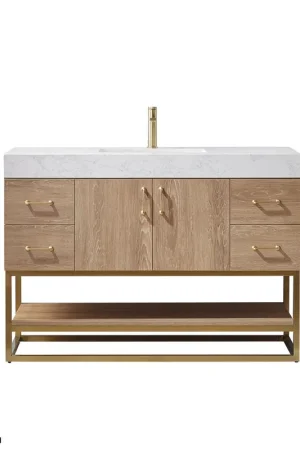 Order Now Vinnova Alistair 48" North American Oak Freestanding Single Vanity Set In Brushed Gold Metal Bracket Support Base and White Grain Stone Top With Undermount Ceramic Sink