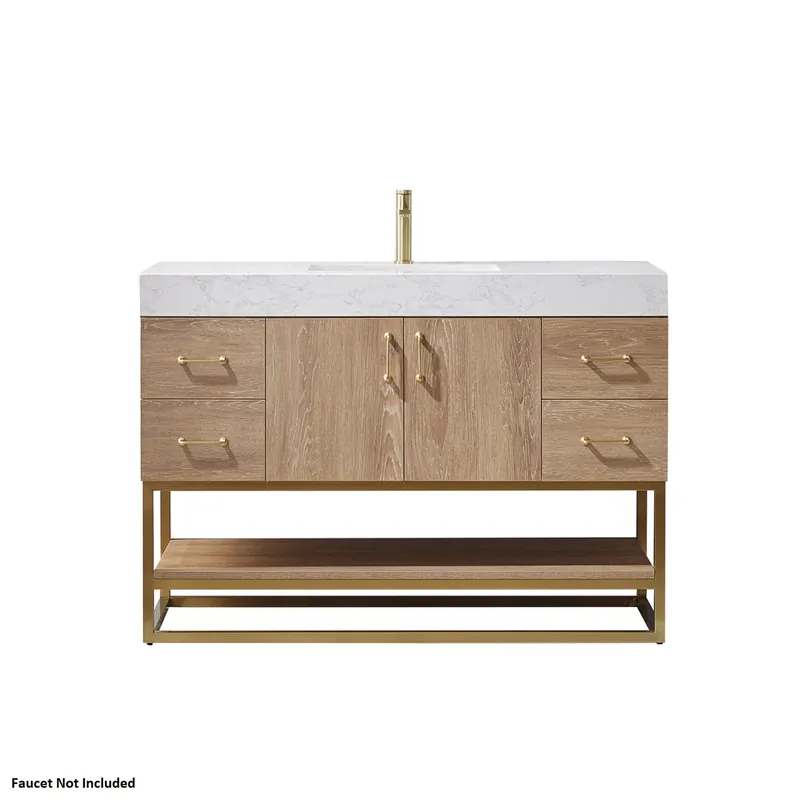 Order Now Vinnova Alistair 48" North American Oak Freestanding Single Vanity Set In Brushed Gold Metal Bracket Support Base and White Grain Stone Top With Undermount Ceramic Sink