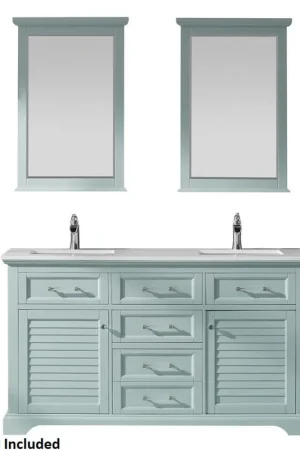 Big Sale Vinnova Lorna 60" Finnish Green Freestanding Double Vanity Set In White Carrara Composite Stone Top With Undermount Ceramic Sink and Mirror