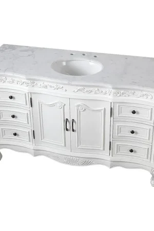 Silkroad Exclusive 60" Single Sink Antique White Bathroom Vanity With Carrara White Marble Countertop and White Ceramic Undermount Sink Hot Picks