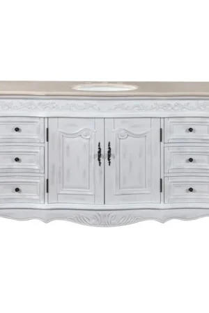 Direct From Manufacturer Silkroad Exclusive 60" Single Sink Antique White Bathroom Vanity With Crema Marfil Marble Countertop and White Ceramic Undermount Sink