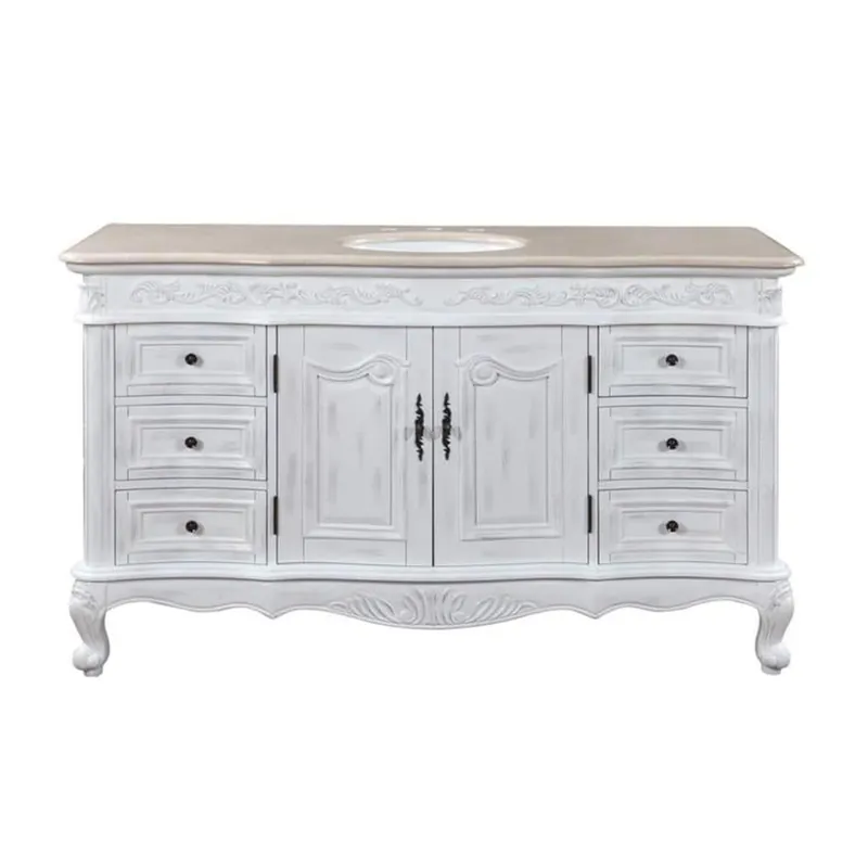 Direct From Manufacturer Silkroad Exclusive 60" Single Sink Antique White Bathroom Vanity With Crema Marfil Marble Countertop and White Ceramic Undermount Sink