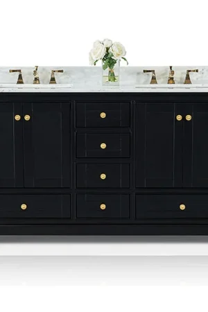 One Day Deal Ancerre Designs Audrey 60" 4-Door 6-Drawer Black Onyx Bathroom Vanity With White Marble Vanity Top, Double Undermount Ceramic Sink, 4 Solid Wood Backsplash and Satin Brushed Gold Hardware
