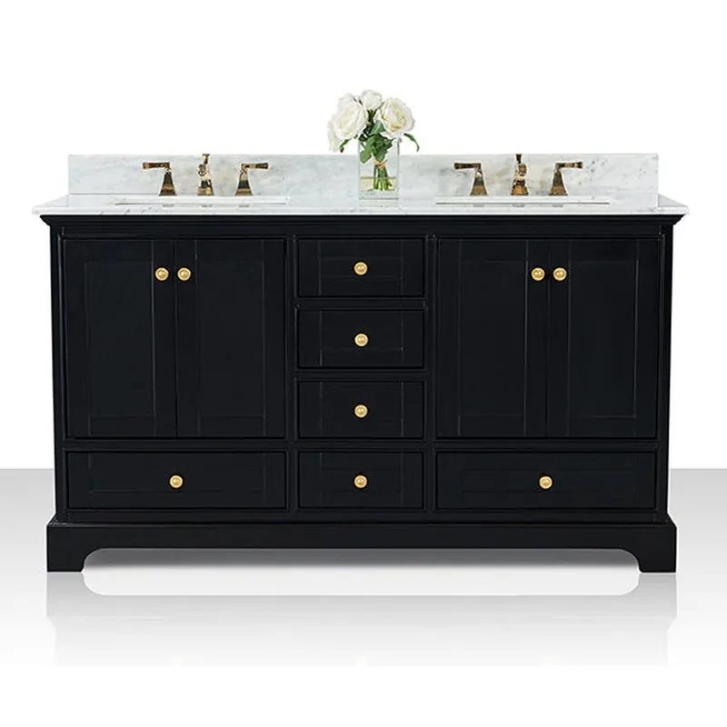 One Day Deal Ancerre Designs Audrey 60" 4-Door 6-Drawer Black Onyx Bathroom Vanity With White Marble Vanity Top, Double Undermount Ceramic Sink, 4 Solid Wood Backsplash and Satin Brushed Gold Hardware