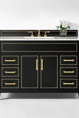 Ancerre Designs Aspen 48" 2-Door 6-Drawer Black Onyx Bathroom Vanity With White Marble Vanity Top, Single Undermount Ceramic Sink, 4" Solid Wood Backsplash and Satin Brushed Gold Hardware Professional Grade