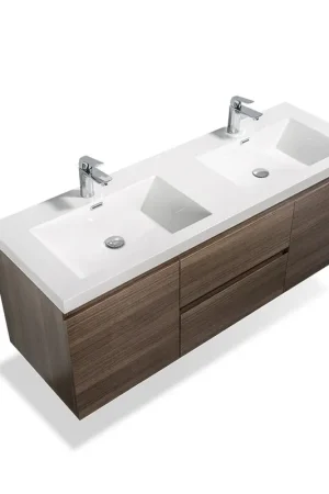 Original TONA Angela 60" White & Gray Oak Wall-Mounted Bathroom Vanity With Faux Marble Integrated Top & Double Sink