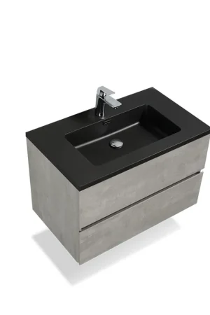 TONA Edi 30" Cement Gray & Black Wall-Mounted Bathroom Vanity With Black Quartz Integrated Top & Sink Next Day Delivery