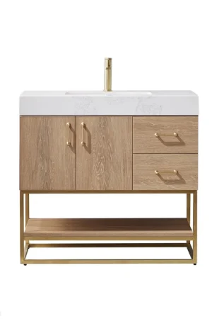 Deal Vinnova Alistair 36" North American Oak Freestanding Single Vanity Set In Brushed Gold Metal Bracket Support Base and White Grain Stone Top With Undermount Ceramic Sink