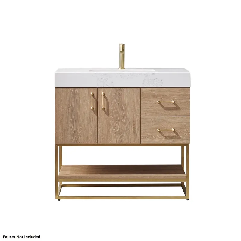 Deal Vinnova Alistair 36" North American Oak Freestanding Single Vanity Set In Brushed Gold Metal Bracket Support Base and White Grain Stone Top With Undermount Ceramic Sink