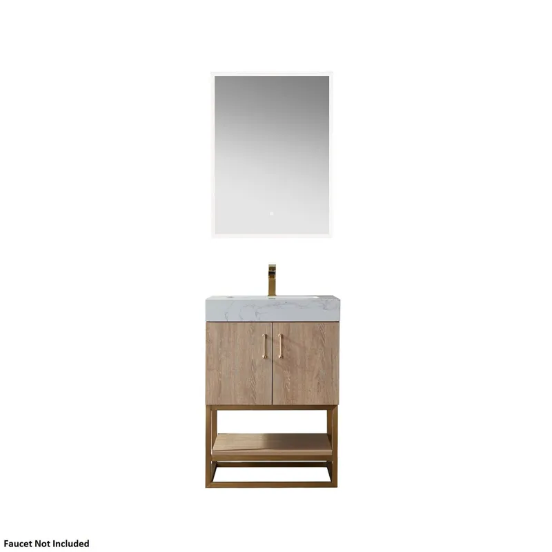 Vinnova Alistair 24" North American Oak Freestanding Single Vanity Set In Brushed Gold Metal Bracket Support Base and White Grain Stone Top With Undermount Ceramic Sink and Mirror Same Day Shipping