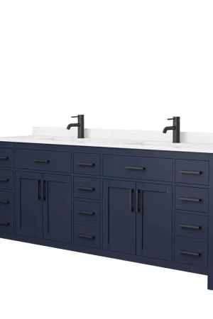Wyndham Collection Beckett 84" Double Bathroom Dark Blue Vanity With White Carrara Cultured Marble Countertop, Undermount Square Sink And Matte Black Trim Premium