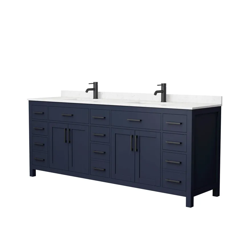 Wyndham Collection Beckett 84" Double Bathroom Dark Blue Vanity With White Carrara Cultured Marble Countertop, Undermount Square Sink And Matte Black Trim Premium