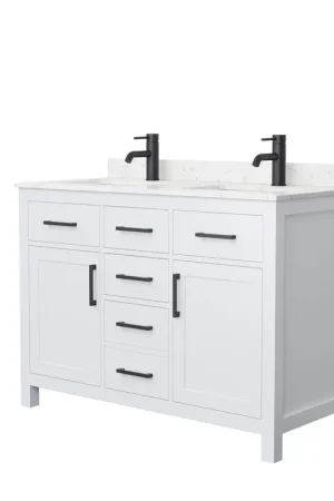 Wyndham Collection Beckett 48" Double Bathroom White Vanity With White Carrara Cultured Marble Countertop, Undermount Square Sink And Matte Black Trim Seasonal Sale