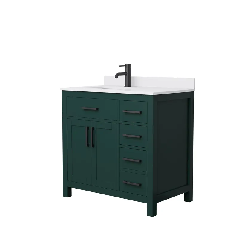 Limited Offer Wyndham Collection Beckett 36" Single Bathroom Green Vanity With White Cultured Marble Countertop, Undermount Square Sink And Matte Black Trim
