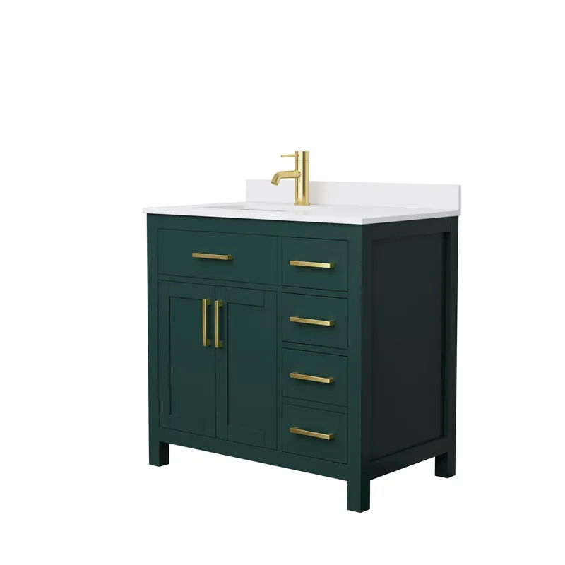 Secure Checkout Wyndham Collection Beckett 36" Single Bathroom Green Vanity With White Cultured Marble Countertop, Undermount Square Sink And Brushed Gold Trim