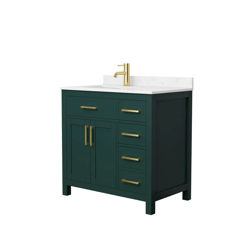 Wyndham Collection Beckett 36" Single Bathroom Green Vanity With White Carrara Cultured Marble Countertop, Undermount Square Sink And Brushed Gold Trim Bargain