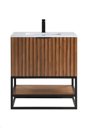 Bemma Design Terra 30" Walnut Solid Wood Freestanding Bathroom Vanity With Single 1-Hole White Quartz Vanity Top, Rectangle Undermount Sink and Matte Black Trim Secure Checkout