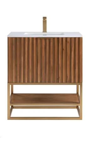 Bemma Design Terra 30" Walnut Solid Wood Freestanding Bathroom Vanity With Single 1-Hole White Quartz Vanity Top, Rectangle Undermount Sink and Satin Brass Trim Holiday Sale